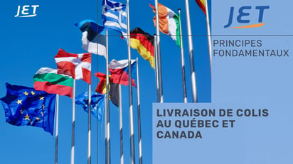 Un groupe de drapeaux internationaux avec le titre “Livraison de colis au Québec et Canada