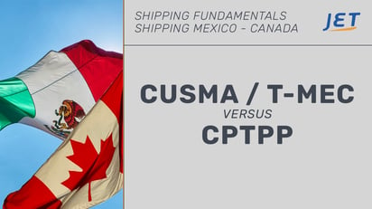 graphic of Mexican and Canadian flag with a headline about CUSMA versus CPTPP