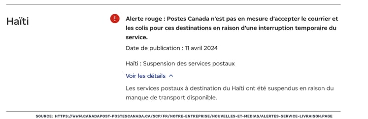 canada Post alert for suspension of service to Haiti