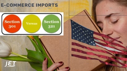 woman holding a package with headline e commerce imports, Section 321 vs Section 301