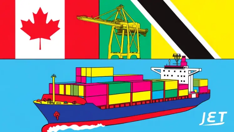 images of Canadian and Trinidad flags with an ocean container ship